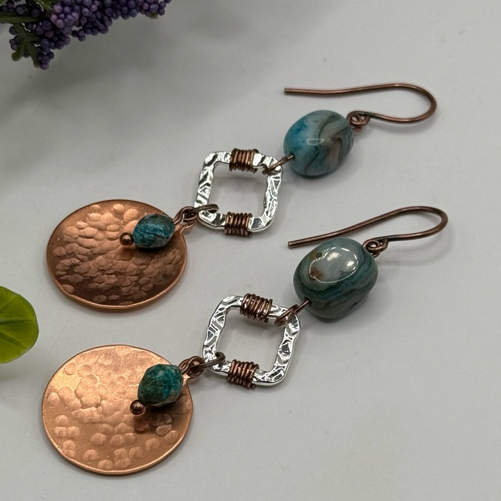 Copper and Turquoise Dangle Earrings - Picture 4 of 8